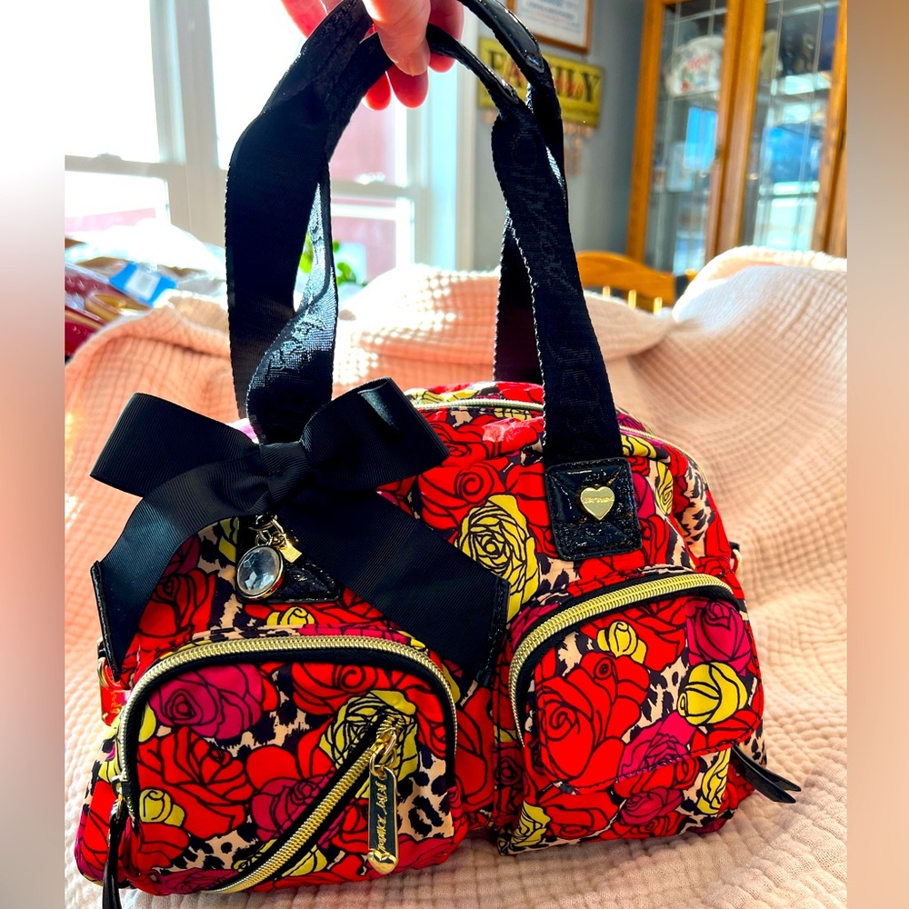 BETSEY JOHNSON CLOTH Handbag/Crossbody- Floral & Animal print w/Black Patent